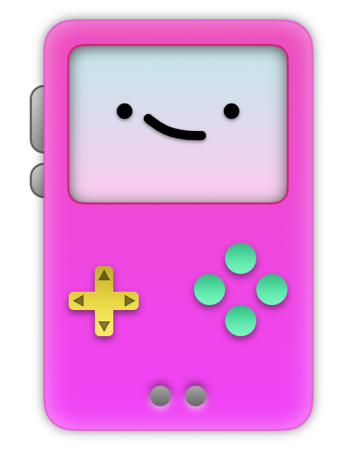 A cute, small handheld video game device with a smile.